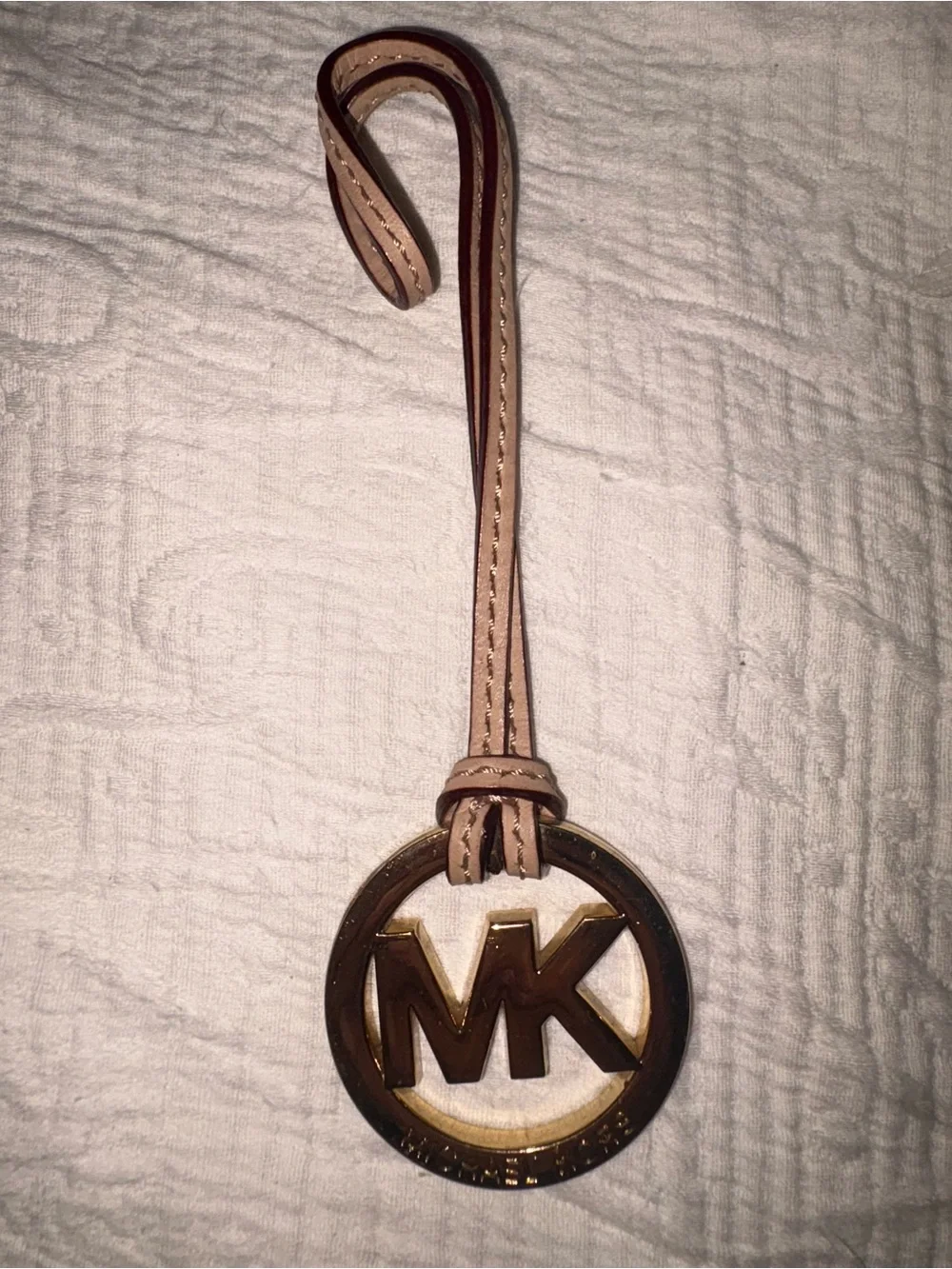 Michael Kors Beige Leather MK Logo Hanging Keyring Charm with Gold-Tone Emblem